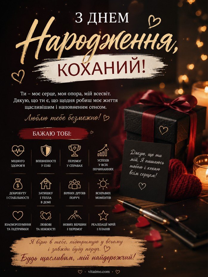 Романтична листівка з днем народження чоловікові від дружини українською з теплим світлом, подарунком, квітами та побажаннями любові, здоров’я, щастя й добробуту