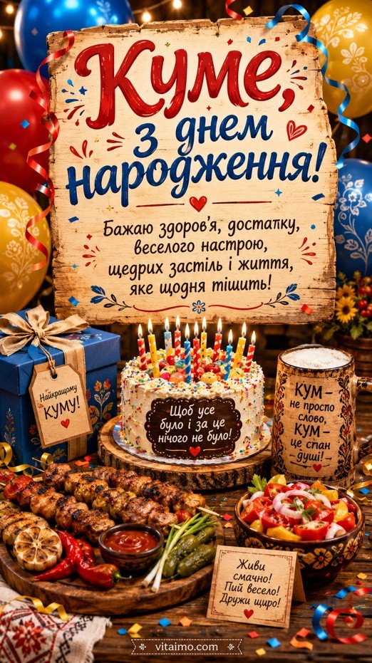 Прикольна листівка з днем народження куму українською з тортом, шашликом, святковим застіллям, кульками та побажаннями здоров’я, достатку й веселого настрою