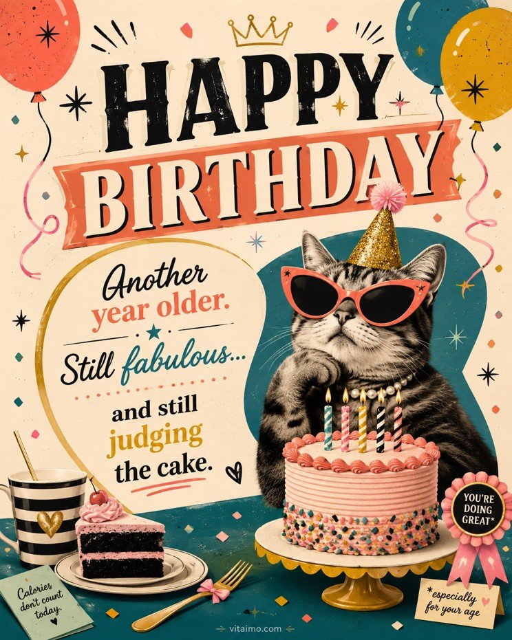 Sarcastic funny happy birthday card with a cat in sunglasses, birthday cake, balloons and playful vintage text