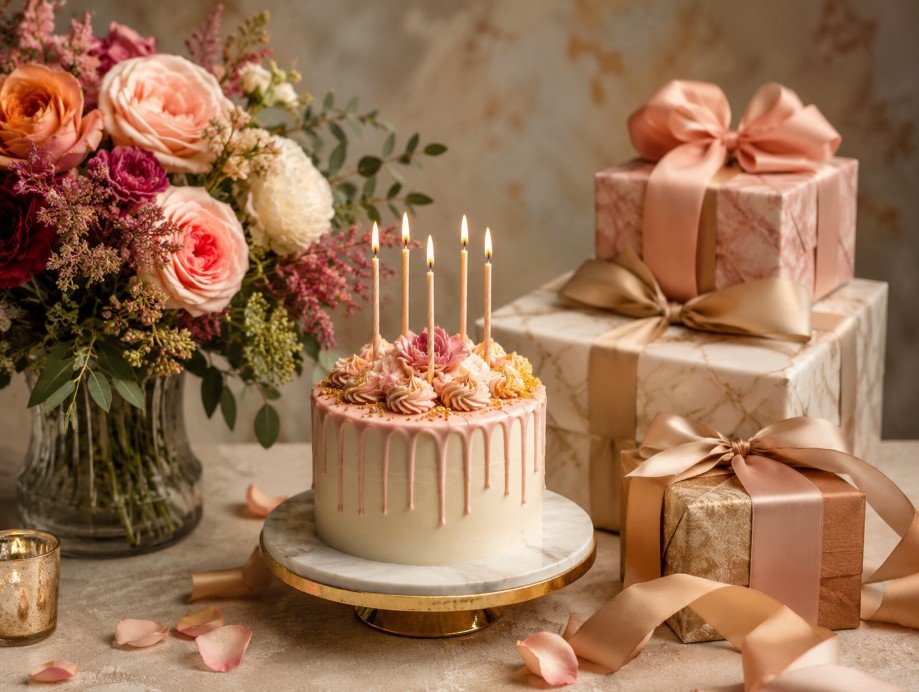 Birthday cake with candles, flowers, and wrapped gifts