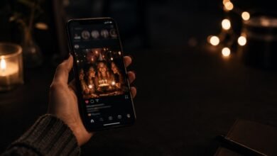 Smartphone showing a birthday post for friends in a dark cozy setting