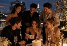 Stylish friends celebrating a birthday with a card and cake at night