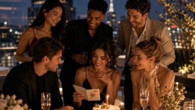 Stylish friends celebrating a birthday with a card and cake at night