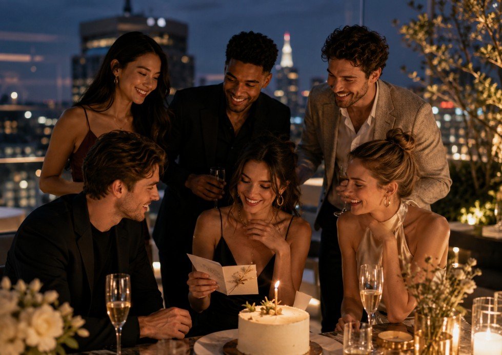 Stylish friends celebrating a birthday with a card and cake at night
