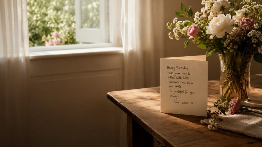 Signed birthday card with flowers on a sunny morning table