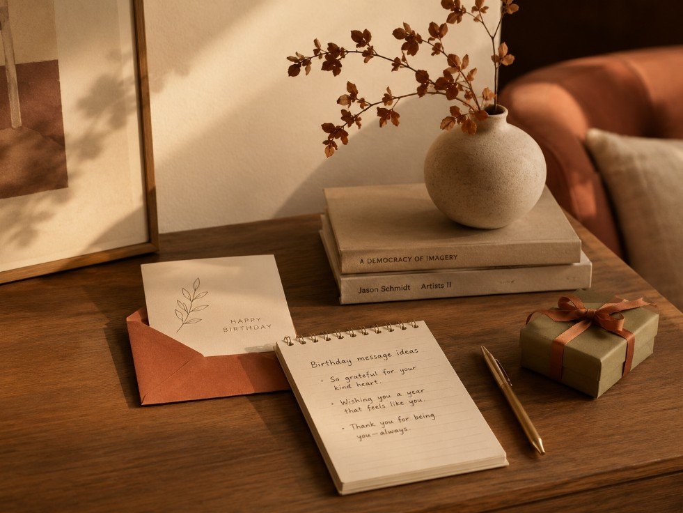 Simple birthday message ideas with card, notebook, gift