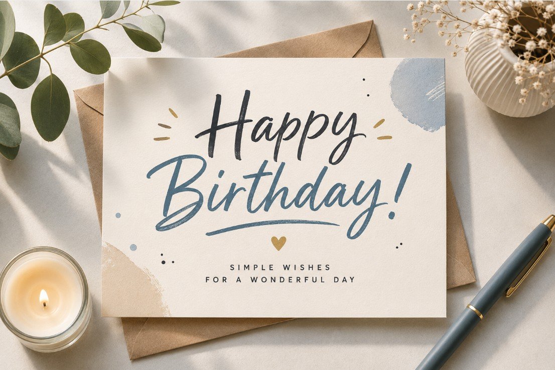 Simple birthday wishes card with Happy Birthday brush lettering, candle, envelope, eucalyptus leaves and pen