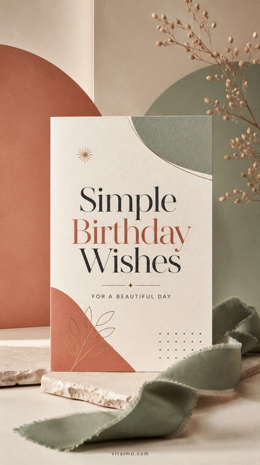 Simple Birthday Wishes vertical greeting card with modern typography, sage green ribbon, terracotta accents and minimalist design