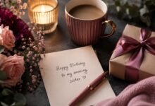 Handwritten birthday card for a sister with gift and candle