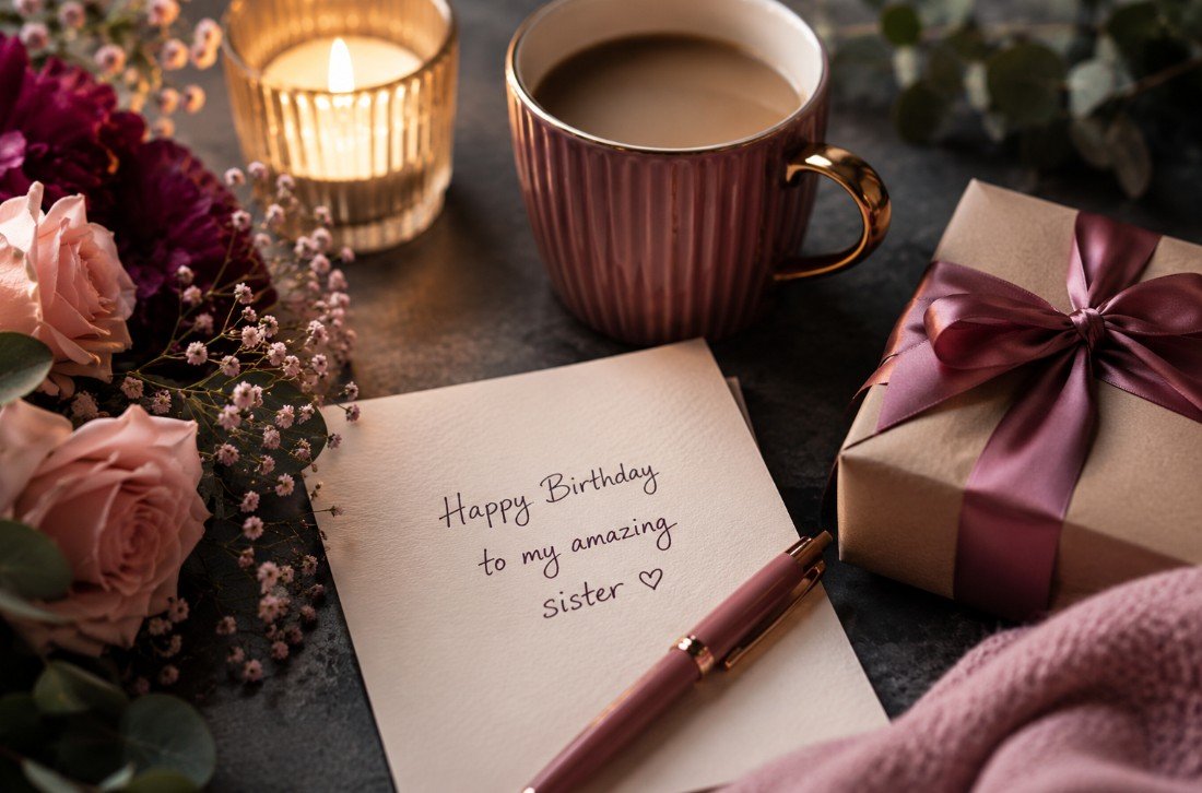 Handwritten birthday card for a sister with gift and candle