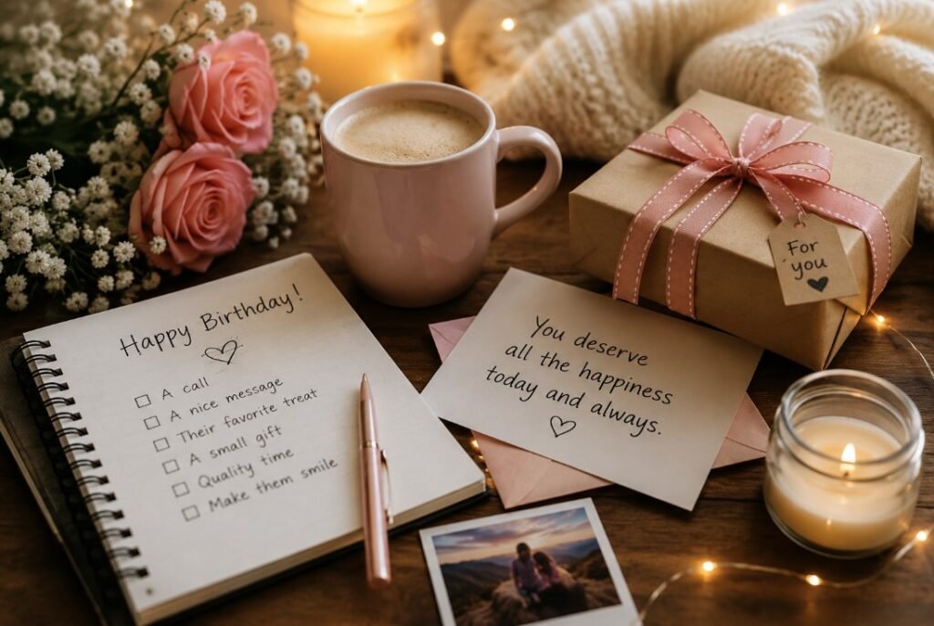 Small birthday gestures with coffee, gift, flowers, and handwritten note