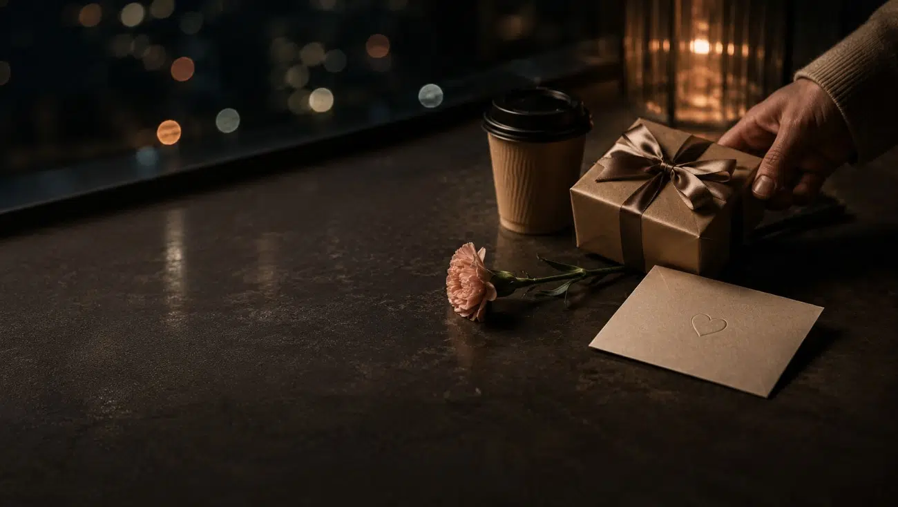 Small birthday gesture with gift, coffee, flower, and card in a dark cozy setting