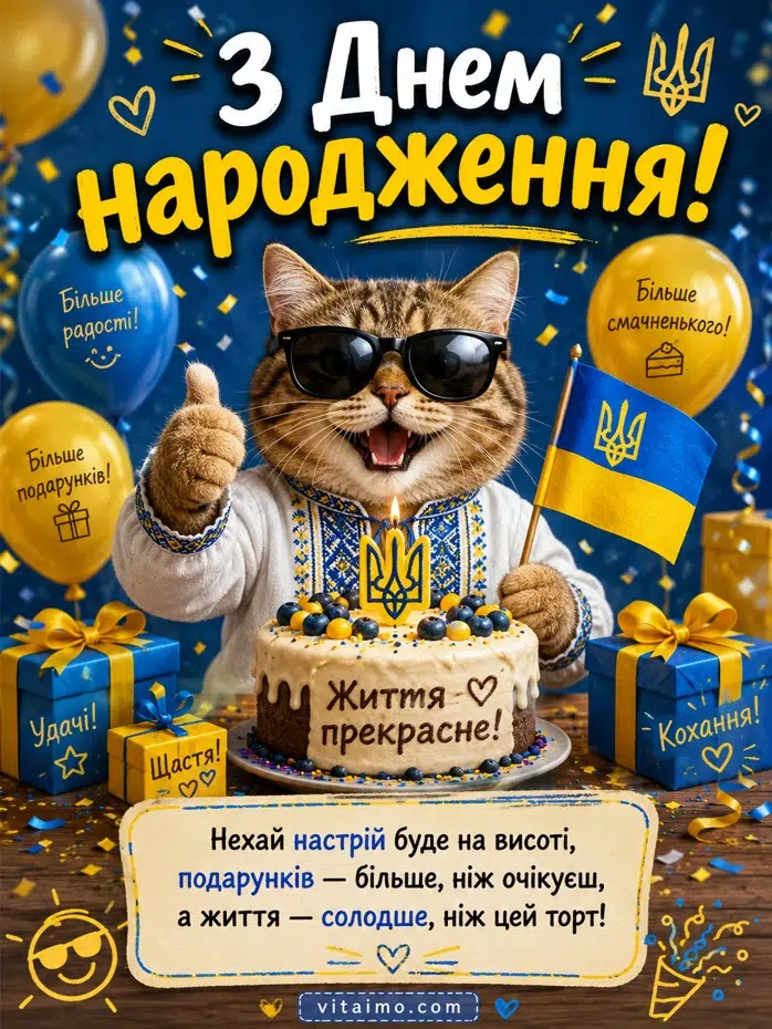 Смішна листівка з днем народження українською з котом в окулярах