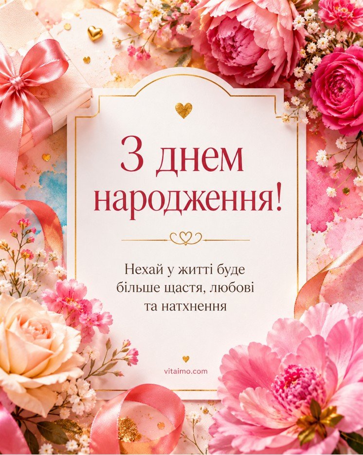 Стильна листівка з днем народження жінці українською з квітами та побажанням щастя, любові, натхнення і гармонії
