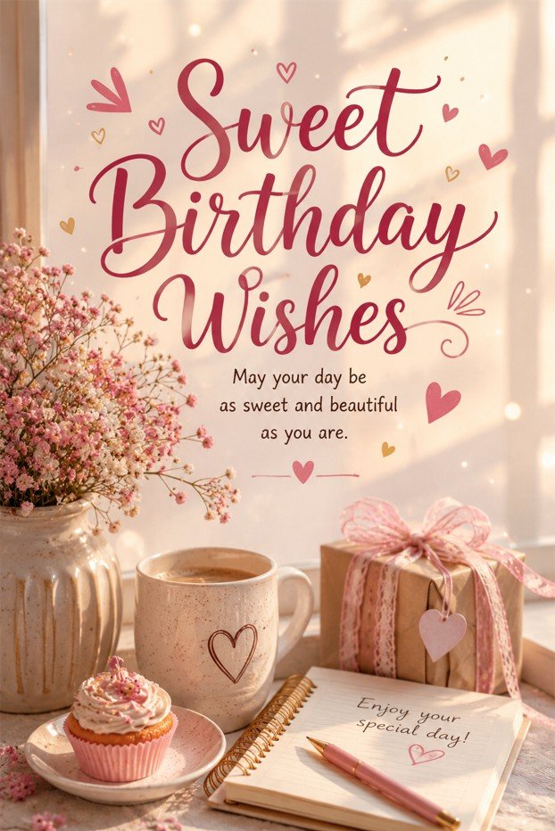 Sweet Birthday Wishes card with pink flowers, cupcake, gift box and cozy morning light