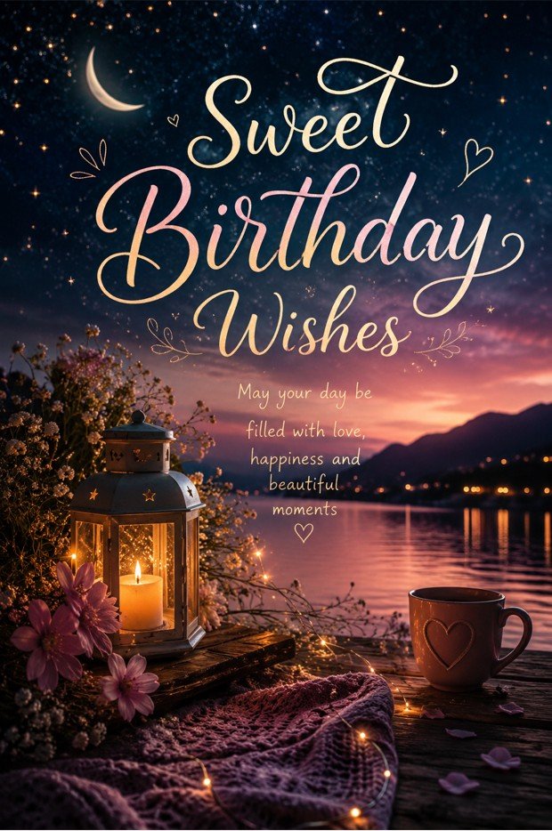 Sweet Birthday Wishes card with glowing lantern, twilight lake, flowers and starry sky