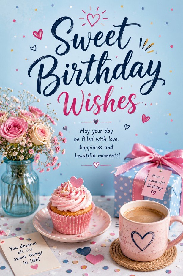 Sweet Birthday Wishes card with blue background, cupcake, gift box, flowers and confetti