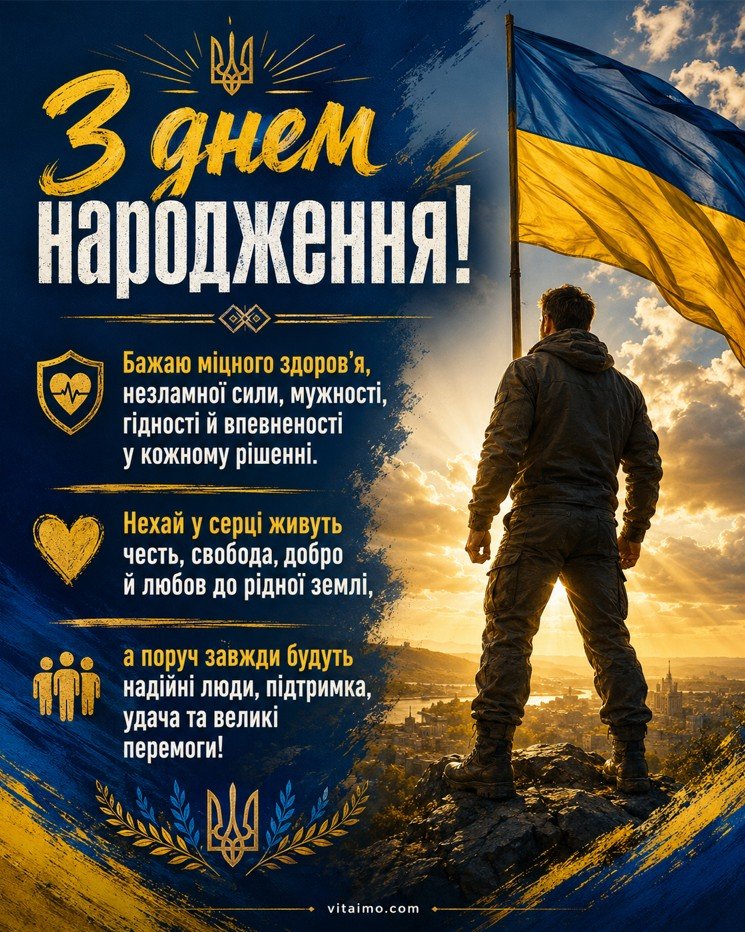 Сильна патріотична листівка з днем народження чоловіку українською з прапором України, тризубом і побажаннями здоров’я, мужності, гідності та перемог
