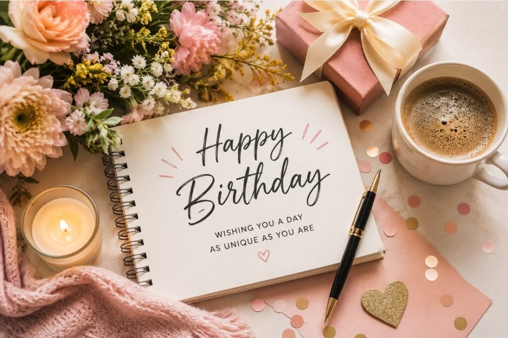 Unique Birthday Wishes: 102+ Creative Birthday Messages 2 Cozy birthday note with flowers, gift box, coffee, candle, confetti, and a handwritten Happy Birthday message.