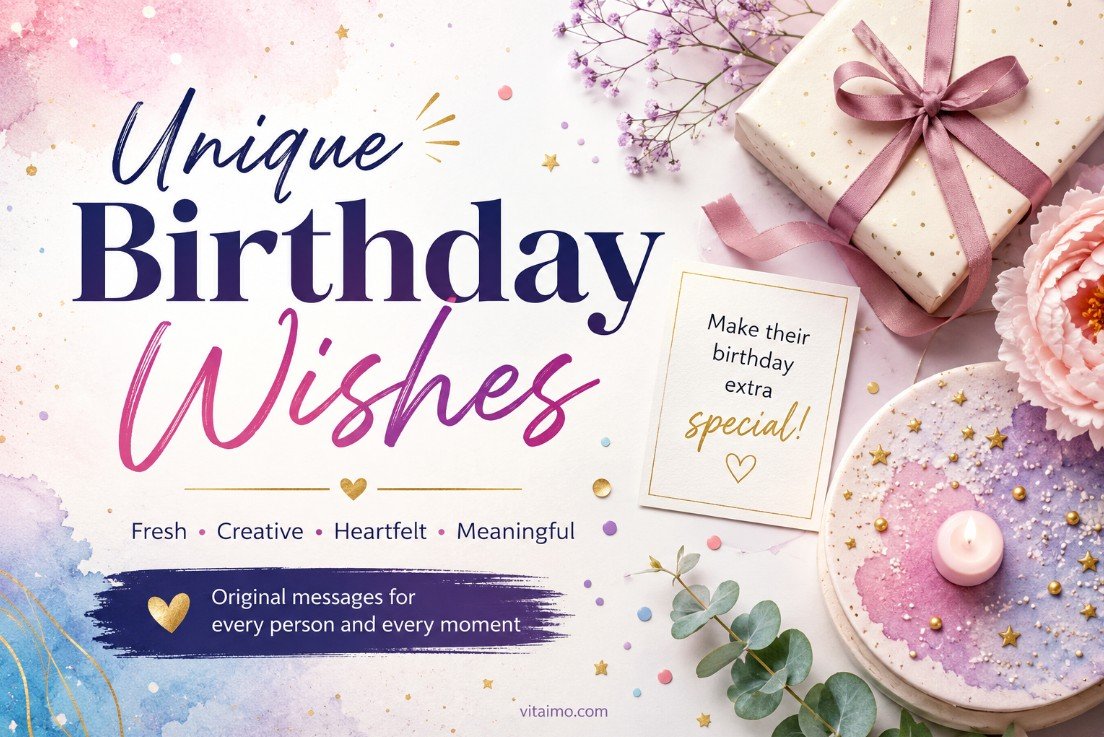 Creative Unique Birthday Wishes cover with a pastel birthday setup, gift box, cake, flowers, confetti, and an elegant celebration design.
