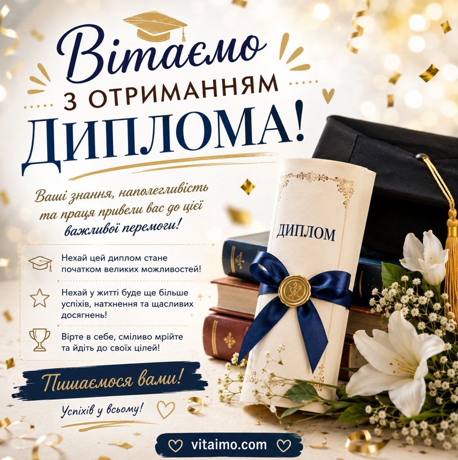 Вітаємо з отриманням диплома — святкова листівка українською