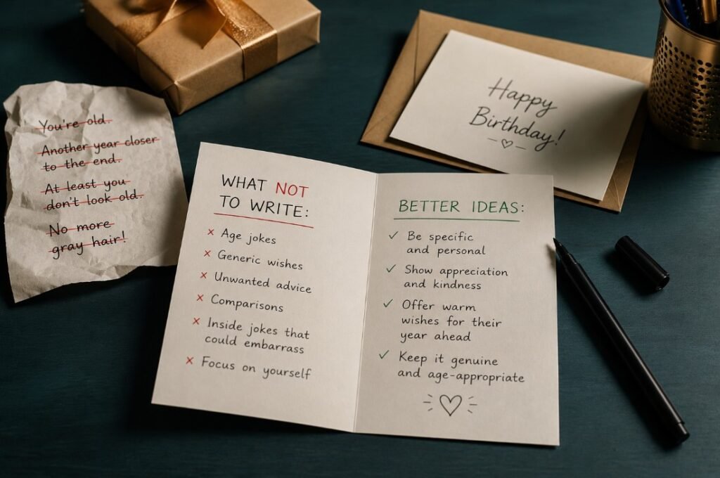 Birthday card with what not to write and better message ideas