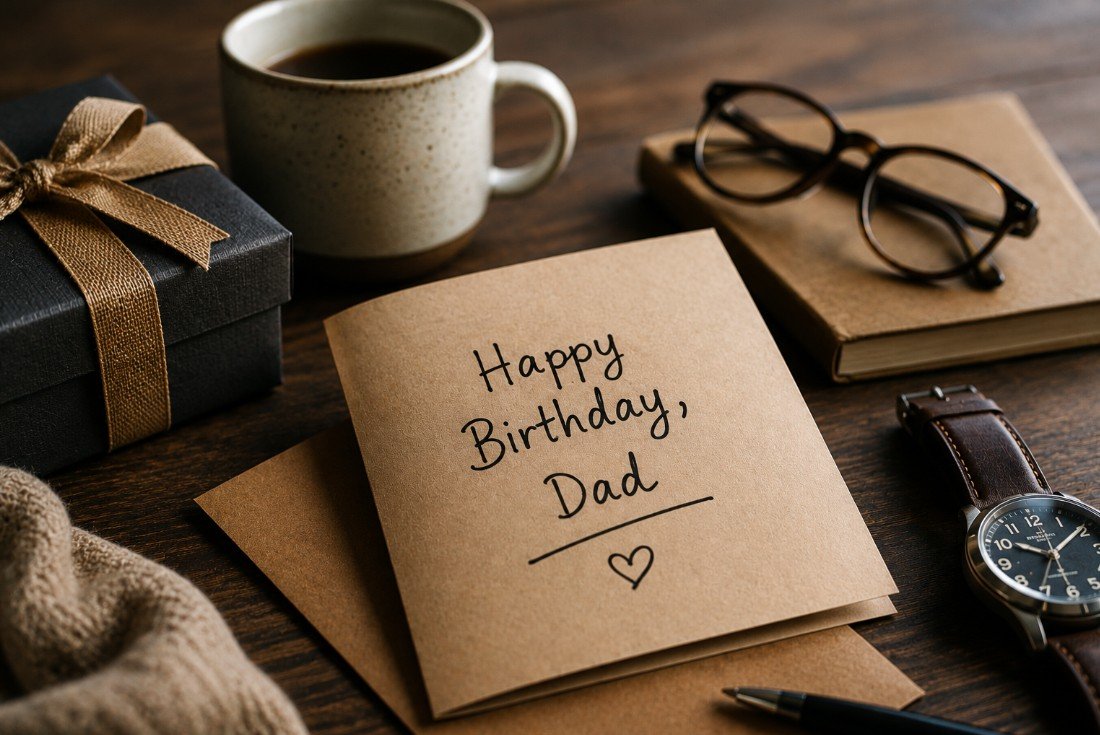 Birthday card for dad with gift, coffee, watch, and glasses