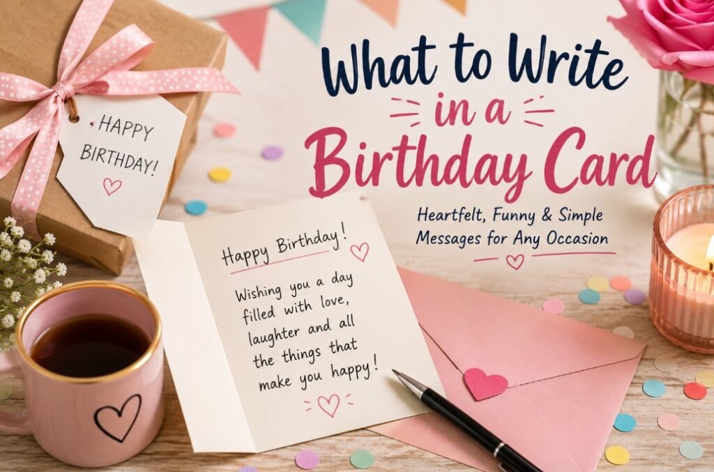 Birthday card with handwritten message, gift, candle, flowers and pastel party decorations
