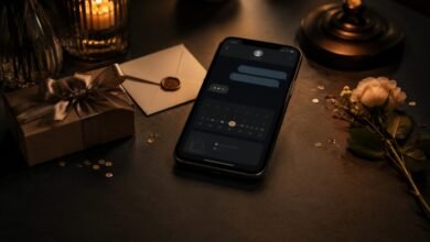 Phone with a late birthday message beside a gift and flower in a dark setting