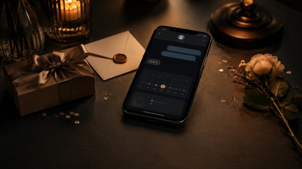 Phone with a late birthday message beside a gift and flower in a dark setting