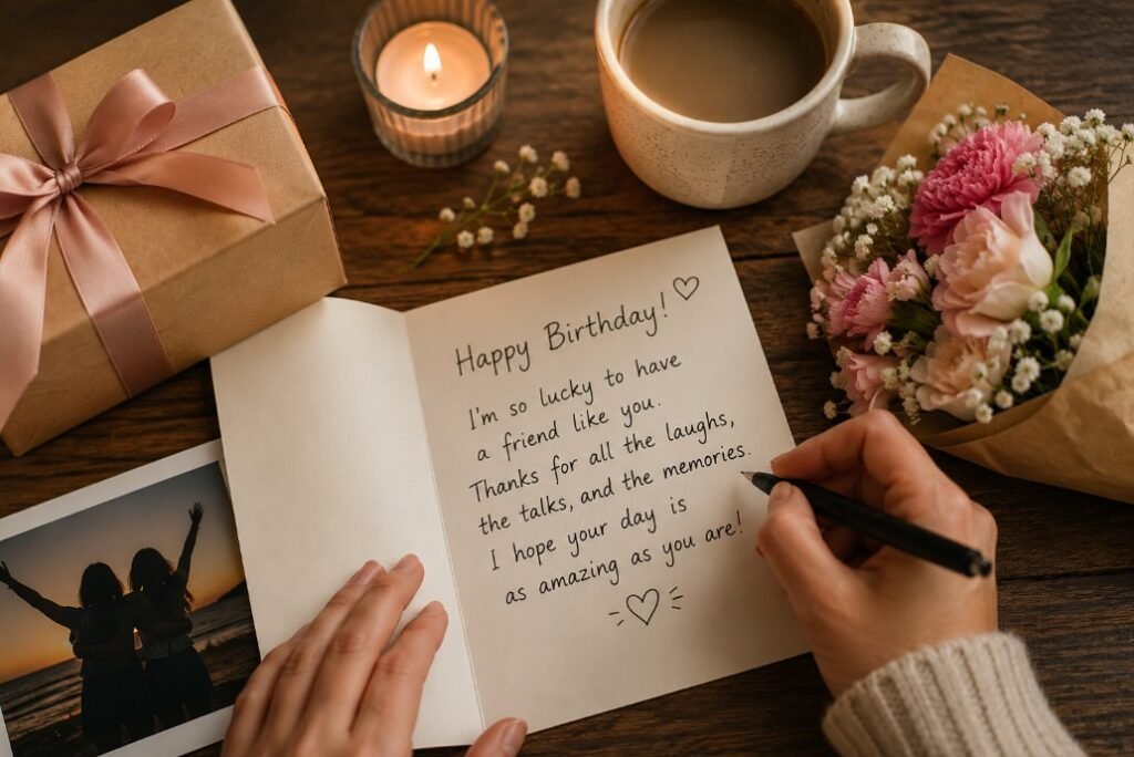How to Write Birthday Wishes for a Close Friend 2 Writing birthday wishes for a close friend in a card with gift, flowers, coffee and friendship photo
