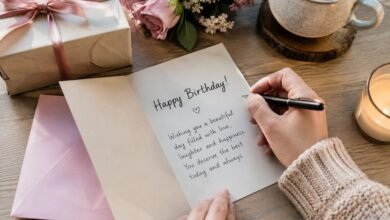 Writing a personal birthday message in a greeting card with flowers, gift, candle and coffee