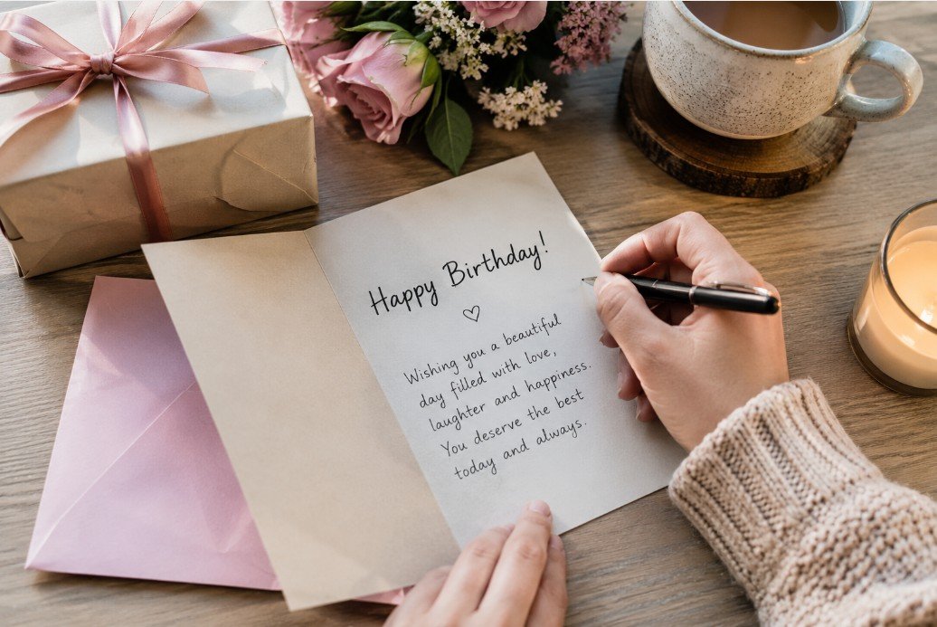 Writing a personal birthday message in a greeting card with flowers, gift, candle and coffee
