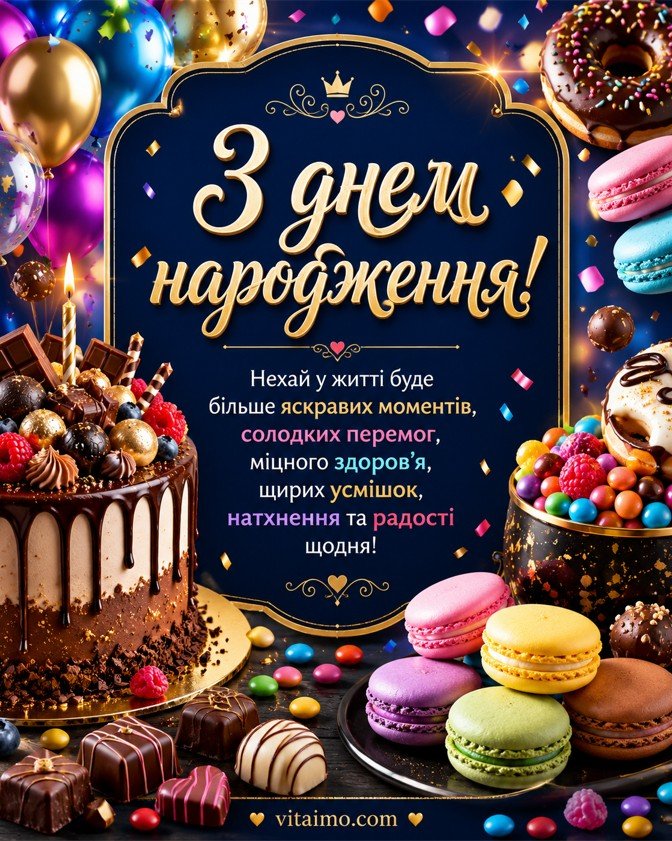 Яскрава листівка з днем народження чоловіку українською з тортом, макарунами, шоколадом, повітряними кульками та побажаннями яскравих моментів, солодких перемог і здоров’я