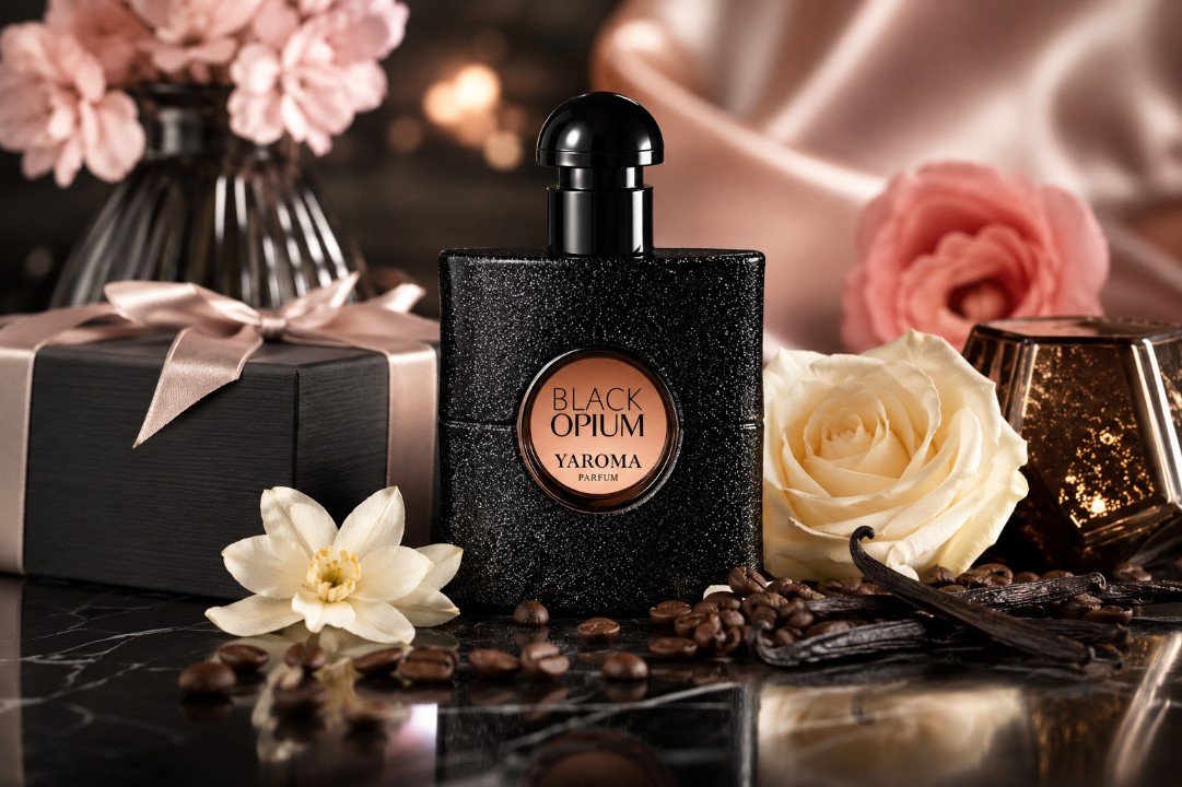 Чорний флакон парфумів Black Opium YAROMA з подарунковою коробкою, кавовими зернами, ваніллю і квітами