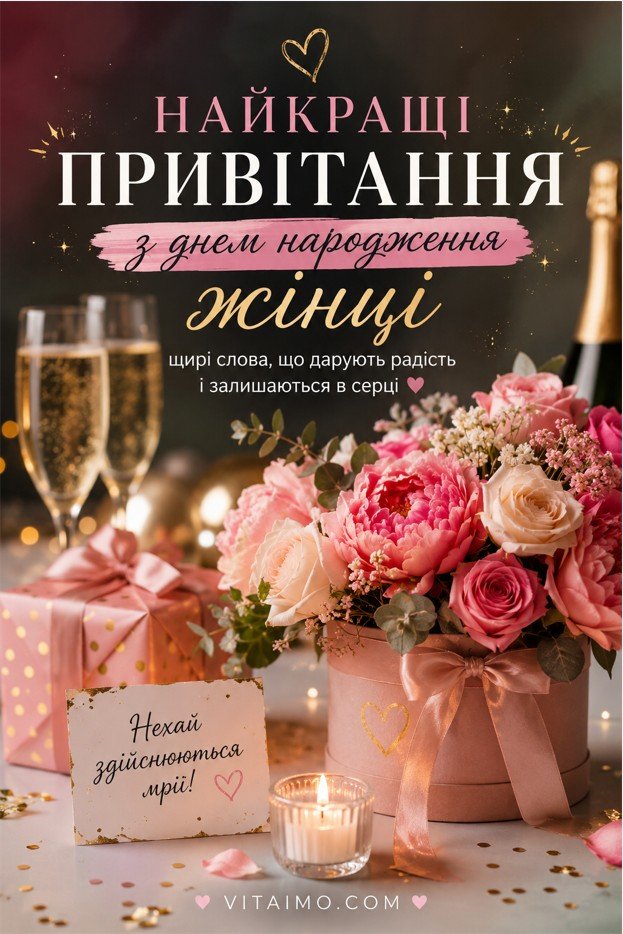 Святкова листівка з квітами, подарунком, свічкою та підписом для сторінки найкращі привітання з днем народження жінці