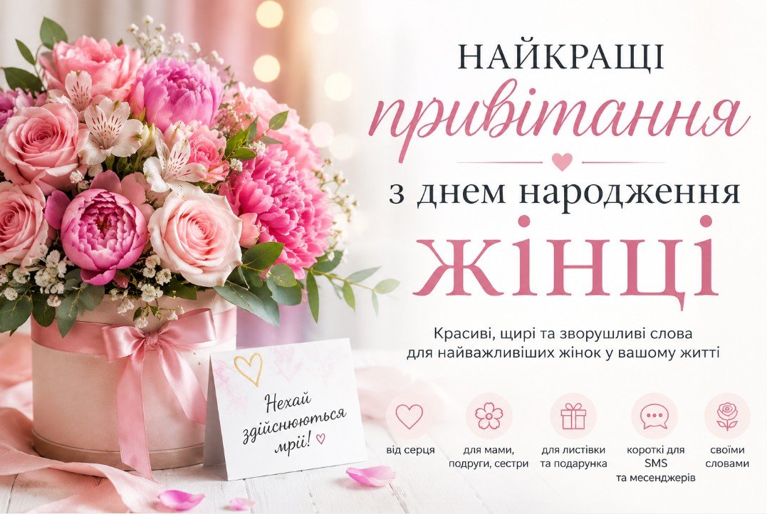 Ніжний святковий букет і листівка для сторінки з найкращими привітаннями з днем народження жінці українською мовою