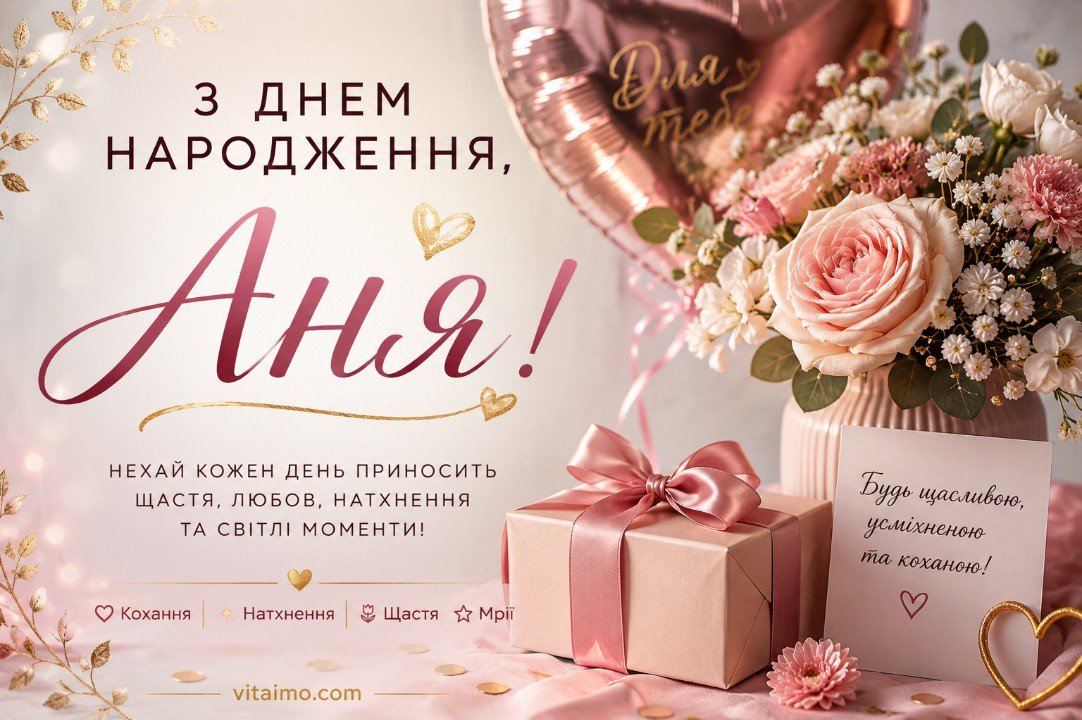 З днем народження Аня українською мовою з квітами, подарунком, святковою листівкою, теплими побажаннями любові, щастя й натхнення